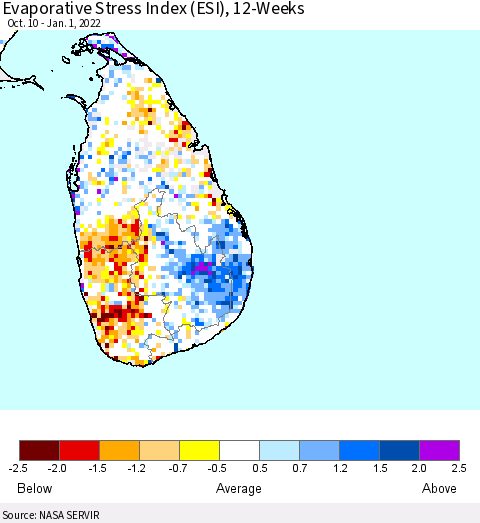 Sri Lanka Evaporative Stress Index (ESI), 12-Weeks Thematic Map For 12/27/2021 - 1/2/2022