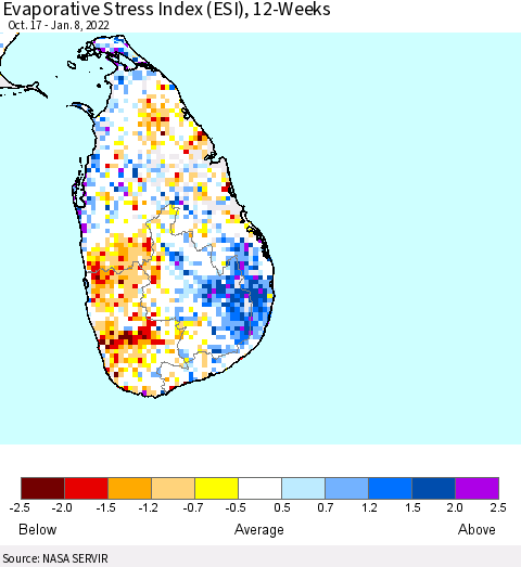 Sri Lanka Evaporative Stress Index (ESI), 12-Weeks Thematic Map For 1/3/2022 - 1/9/2022