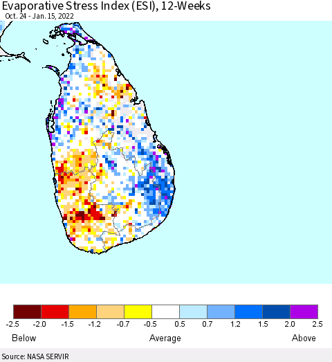 Sri Lanka Evaporative Stress Index (ESI), 12-Weeks Thematic Map For 1/10/2022 - 1/16/2022