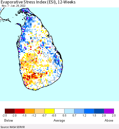 Sri Lanka Evaporative Stress Index (ESI), 12-Weeks Thematic Map For 1/24/2022 - 1/30/2022