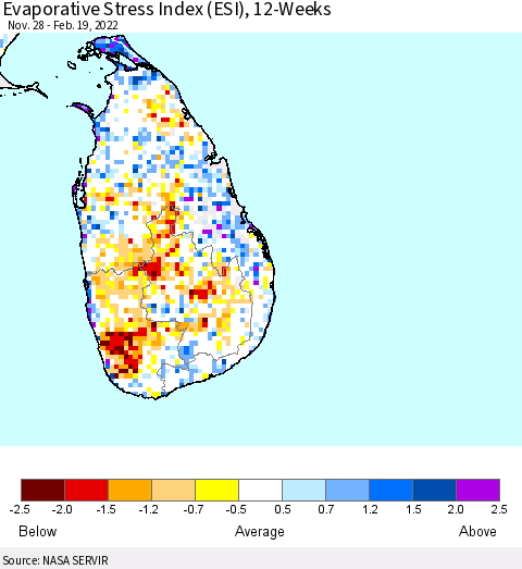 Sri Lanka Evaporative Stress Index (ESI), 12-Weeks Thematic Map For 2/14/2022 - 2/20/2022