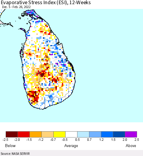 Sri Lanka Evaporative Stress Index (ESI), 12-Weeks Thematic Map For 2/21/2022 - 2/27/2022