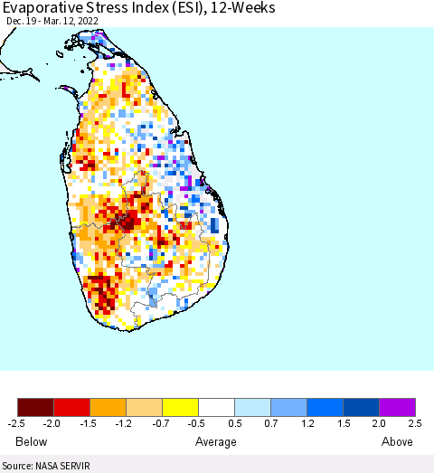Sri Lanka Evaporative Stress Index (ESI), 12-Weeks Thematic Map For 3/7/2022 - 3/13/2022