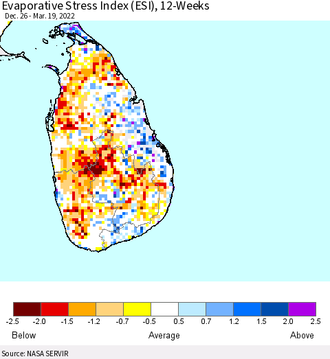 Sri Lanka Evaporative Stress Index (ESI), 12-Weeks Thematic Map For 3/14/2022 - 3/20/2022