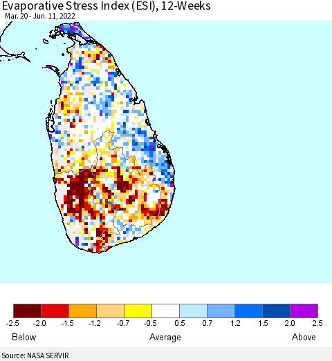 Sri Lanka Evaporative Stress Index (ESI), 12-Weeks Thematic Map For 6/6/2022 - 6/12/2022