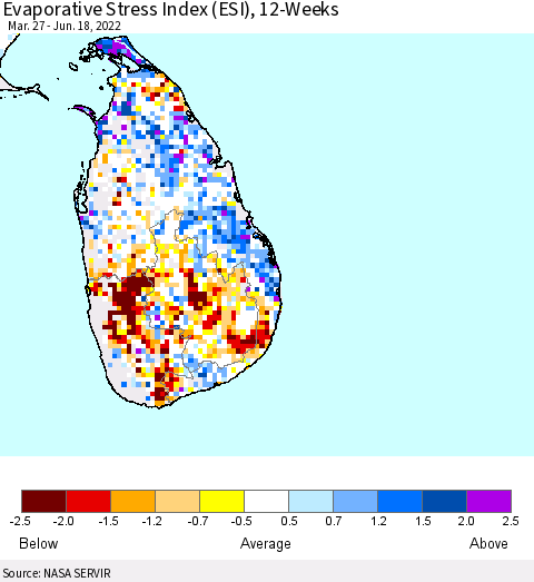 Sri Lanka Evaporative Stress Index (ESI), 12-Weeks Thematic Map For 6/13/2022 - 6/19/2022