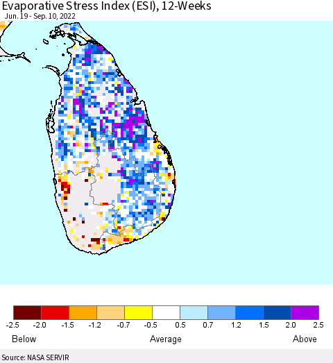 Sri Lanka Evaporative Stress Index (ESI), 12-Weeks Thematic Map For 9/5/2022 - 9/11/2022
