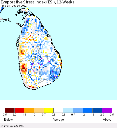 Sri Lanka Evaporative Stress Index (ESI), 12-Weeks Thematic Map For 12/5/2022 - 12/11/2022