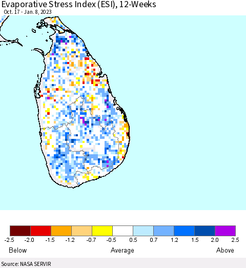 Sri Lanka Evaporative Stress Index (ESI), 12-Weeks Thematic Map For 1/2/2023 - 1/8/2023