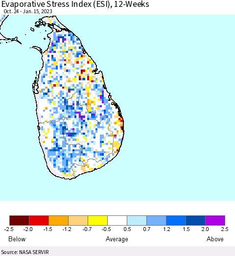 Sri Lanka Evaporative Stress Index (ESI), 12-Weeks Thematic Map For 1/9/2023 - 1/15/2023