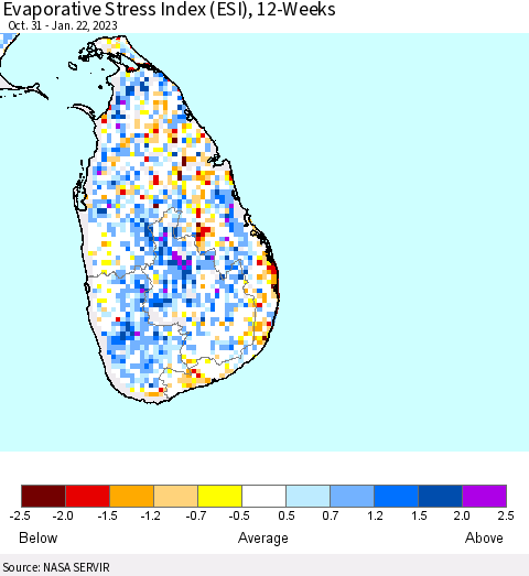 Sri Lanka Evaporative Stress Index (ESI), 12-Weeks Thematic Map For 1/16/2023 - 1/22/2023