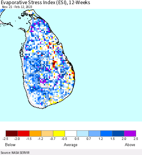 Sri Lanka Evaporative Stress Index (ESI), 12-Weeks Thematic Map For 2/6/2023 - 2/12/2023