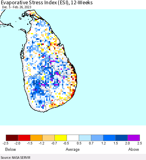 Sri Lanka Evaporative Stress Index (ESI), 12-Weeks Thematic Map For 2/20/2023 - 2/26/2023