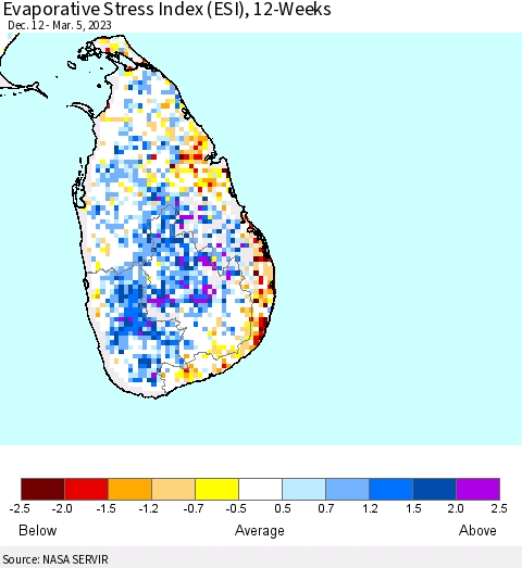 Sri Lanka Evaporative Stress Index (ESI), 12-Weeks Thematic Map For 2/27/2023 - 3/5/2023
