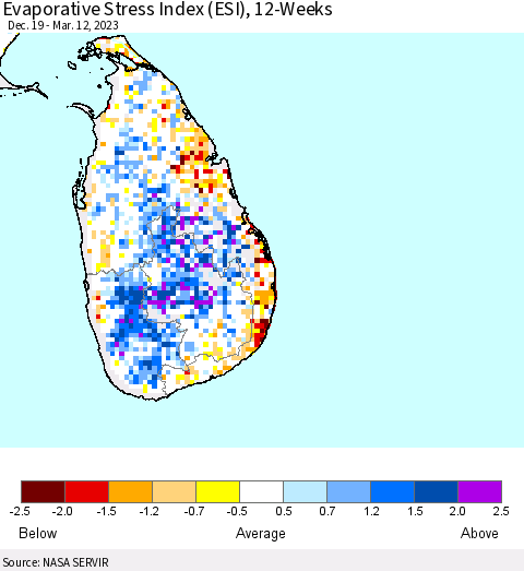 Sri Lanka Evaporative Stress Index (ESI), 12-Weeks Thematic Map For 3/6/2023 - 3/12/2023