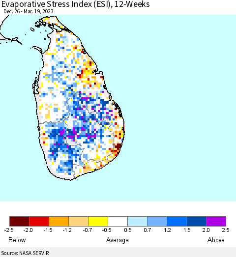 Sri Lanka Evaporative Stress Index (ESI), 12-Weeks Thematic Map For 3/13/2023 - 3/19/2023