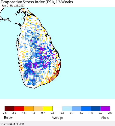 Sri Lanka Evaporative Stress Index (ESI), 12-Weeks Thematic Map For 3/20/2023 - 3/26/2023