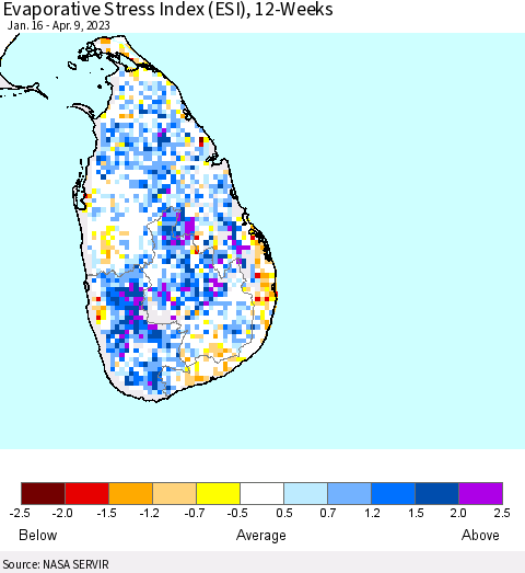 Sri Lanka Evaporative Stress Index (ESI), 12-Weeks Thematic Map For 4/3/2023 - 4/9/2023