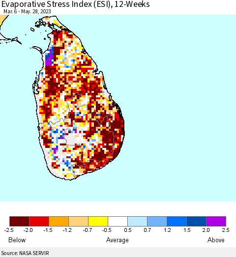 Sri Lanka Evaporative Stress Index (ESI), 12-Weeks Thematic Map For 5/22/2023 - 5/28/2023