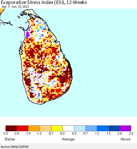 Sri Lanka Evaporative Stress Index (ESI), 12-Weeks Thematic Map For 6/19/2023 - 6/25/2023