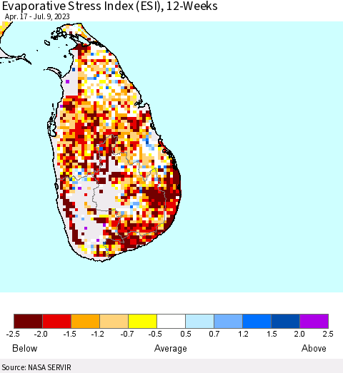 Sri Lanka Evaporative Stress Index (ESI), 12-Weeks Thematic Map For 7/3/2023 - 7/9/2023