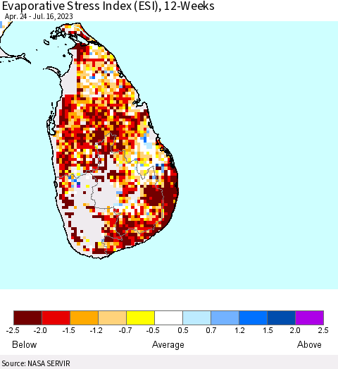 Sri Lanka Evaporative Stress Index (ESI), 12-Weeks Thematic Map For 7/10/2023 - 7/16/2023