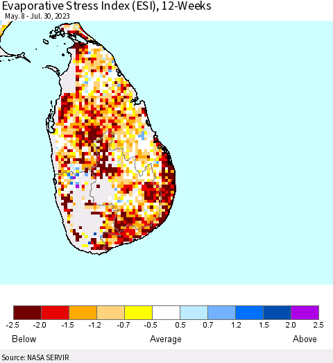 Sri Lanka Evaporative Stress Index (ESI), 12-Weeks Thematic Map For 7/24/2023 - 7/30/2023