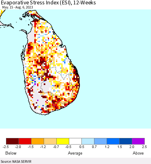 Sri Lanka Evaporative Stress Index (ESI), 12-Weeks Thematic Map For 7/31/2023 - 8/6/2023