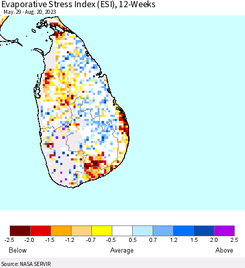 Sri Lanka Evaporative Stress Index (ESI), 12-Weeks Thematic Map For 8/14/2023 - 8/20/2023