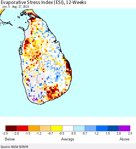 Sri Lanka Evaporative Stress Index (ESI), 12-Weeks Thematic Map For 8/21/2023 - 8/27/2023