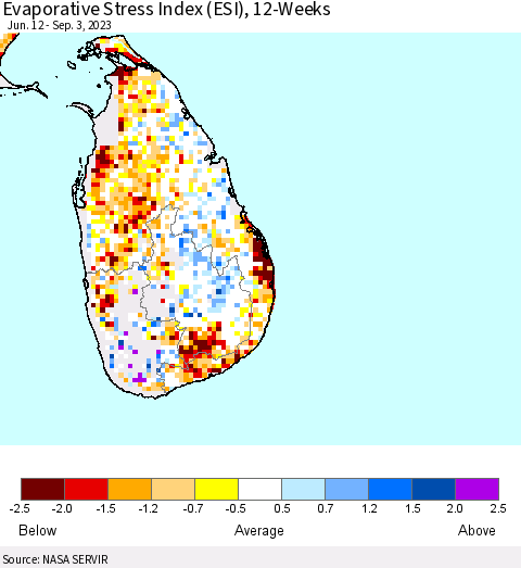 Sri Lanka Evaporative Stress Index (ESI), 12-Weeks Thematic Map For 8/28/2023 - 9/3/2023
