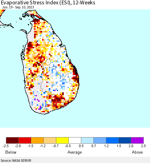 Sri Lanka Evaporative Stress Index (ESI), 12-Weeks Thematic Map For 9/4/2023 - 9/10/2023