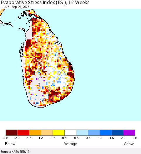 Sri Lanka Evaporative Stress Index (ESI), 12-Weeks Thematic Map For 9/18/2023 - 9/24/2023