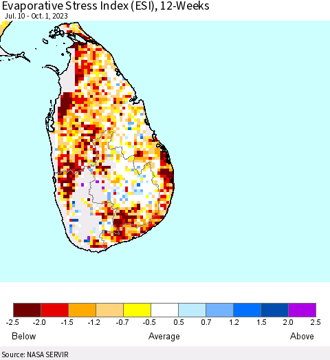 Sri Lanka Evaporative Stress Index (ESI), 12-Weeks Thematic Map For 9/25/2023 - 10/1/2023