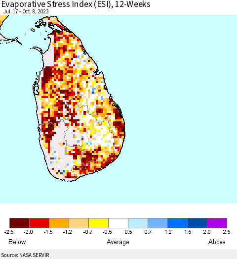 Sri Lanka Evaporative Stress Index (ESI), 12-Weeks Thematic Map For 10/2/2023 - 10/8/2023