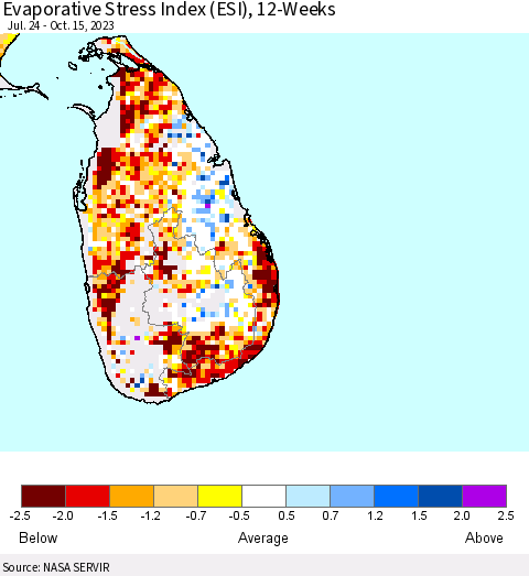 Sri Lanka Evaporative Stress Index (ESI), 12-Weeks Thematic Map For 10/9/2023 - 10/15/2023