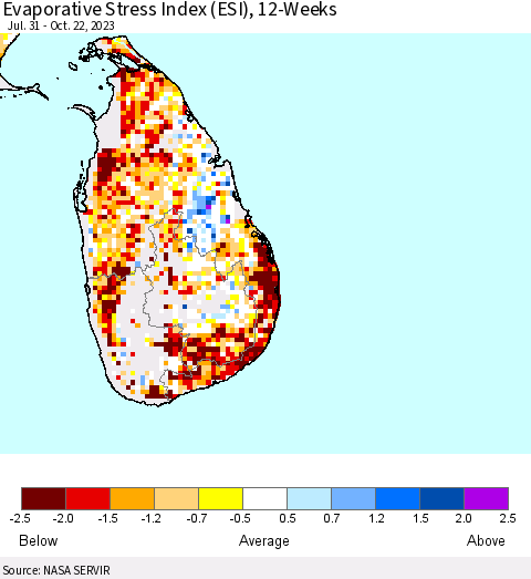 Sri Lanka Evaporative Stress Index (ESI), 12-Weeks Thematic Map For 10/16/2023 - 10/22/2023