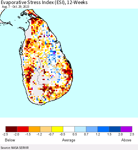 Sri Lanka Evaporative Stress Index (ESI), 12-Weeks Thematic Map For 10/23/2023 - 10/29/2023