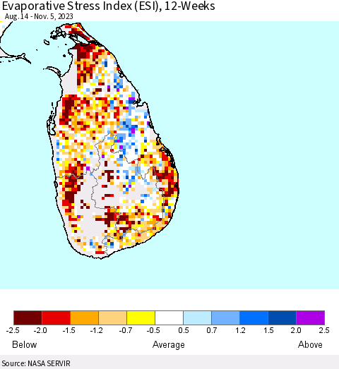 Sri Lanka Evaporative Stress Index (ESI), 12-Weeks Thematic Map For 10/30/2023 - 11/5/2023