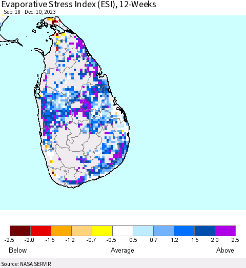 Sri Lanka Evaporative Stress Index (ESI), 12-Weeks Thematic Map For 12/4/2023 - 12/10/2023