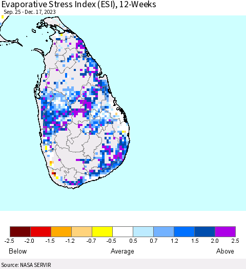 Sri Lanka Evaporative Stress Index (ESI), 12-Weeks Thematic Map For 12/11/2023 - 12/17/2023