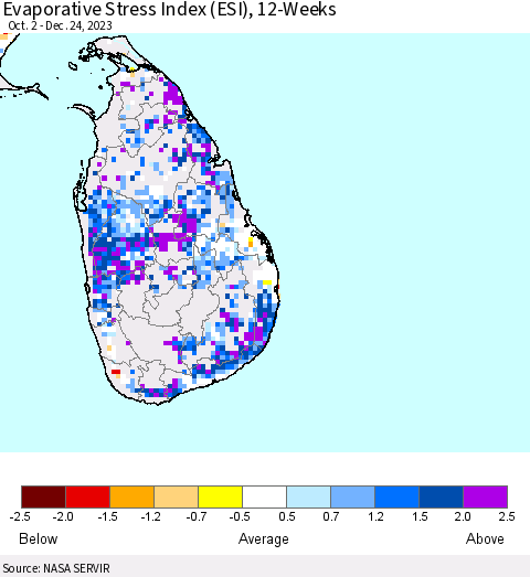 Sri Lanka Evaporative Stress Index (ESI), 12-Weeks Thematic Map For 12/18/2023 - 12/24/2023