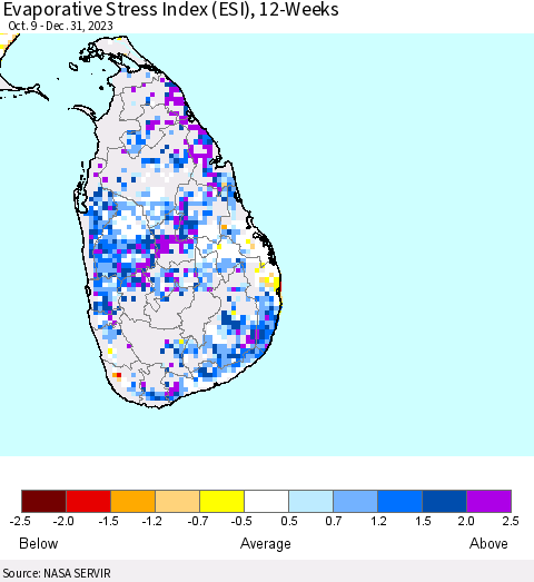 Sri Lanka Evaporative Stress Index (ESI), 12-Weeks Thematic Map For 12/25/2023 - 12/31/2023