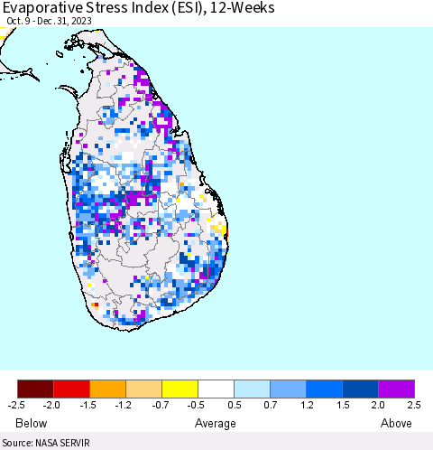 Sri Lanka Evaporative Stress Index (ESI), 12-Weeks Thematic Map For 1/1/2024 - 1/7/2024