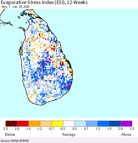 Sri Lanka Evaporative Stress Index (ESI), 12-Weeks Thematic Map For 1/29/2024 - 2/4/2024