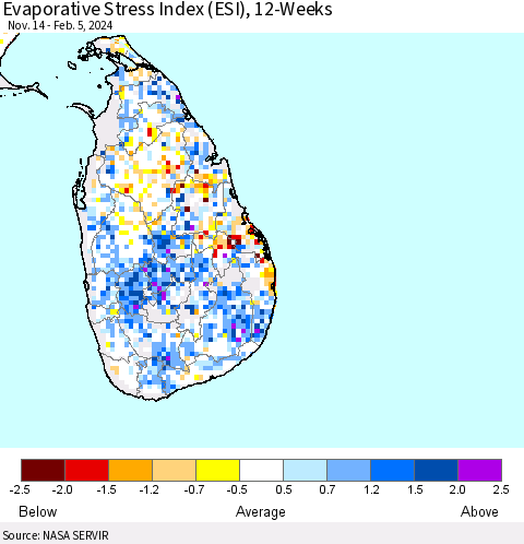 Sri Lanka Evaporative Stress Index (ESI), 12-Weeks Thematic Map For 2/5/2024 - 2/11/2024