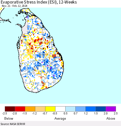Sri Lanka Evaporative Stress Index (ESI), 12-Weeks Thematic Map For 2/12/2024 - 2/18/2024