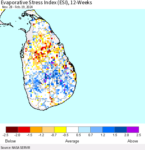 Sri Lanka Evaporative Stress Index (ESI), 12-Weeks Thematic Map For 2/19/2024 - 2/25/2024