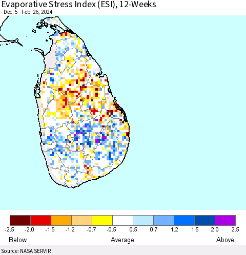 Sri Lanka Evaporative Stress Index (ESI), 12-Weeks Thematic Map For 2/26/2024 - 3/3/2024