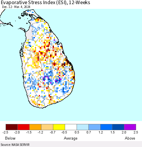 Sri Lanka Evaporative Stress Index (ESI), 12-Weeks Thematic Map For 3/4/2024 - 3/10/2024